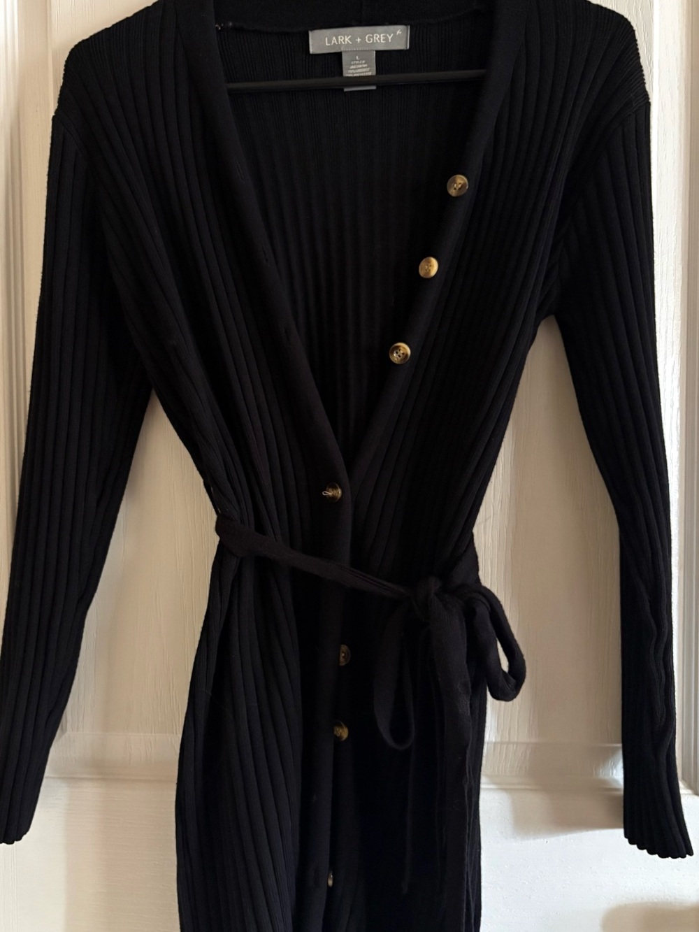 Lark & Grey Black Ribbed Button-Front Belted Cardigan